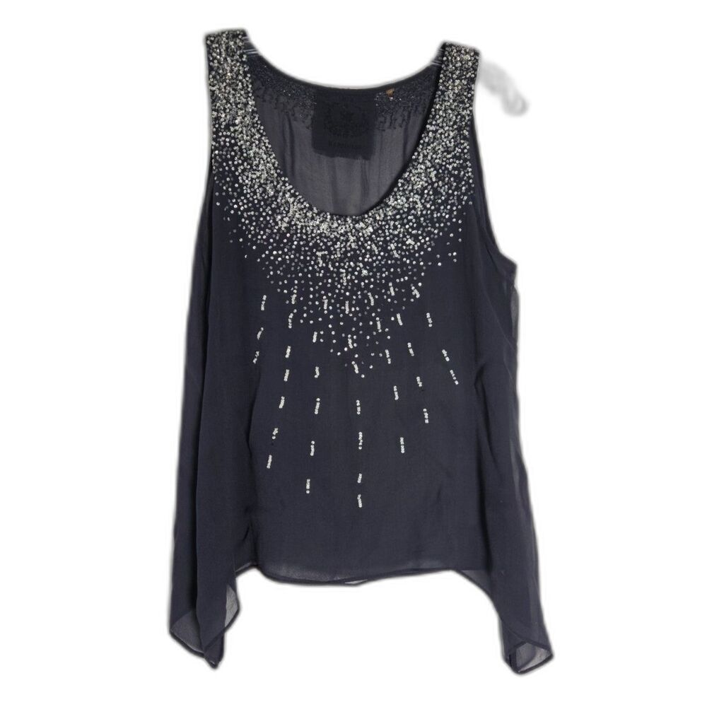 LOVE HAPPINESS Black Lined Sequins Sheer Party Tank Top Medium